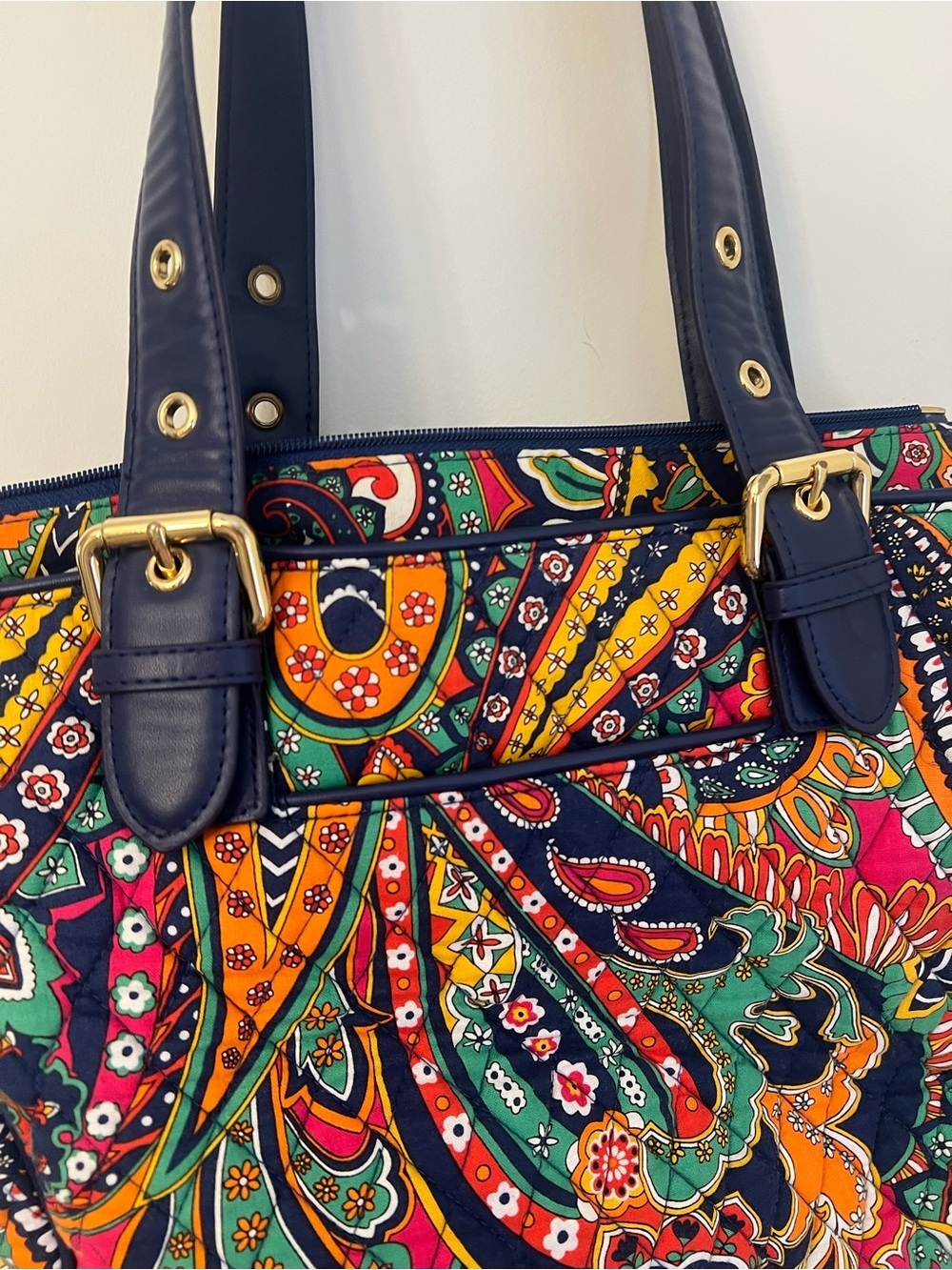 Colorful Paisley Tote Bag with Navy Trim New w out Tag - Picture 7 of 10